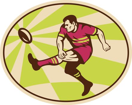 illustration of a rugby player kicking the ball set inside ellipse done in retro style