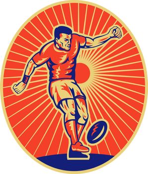 illustration of a rugby player kicking the ball set inside ellipse done in woodcut style.