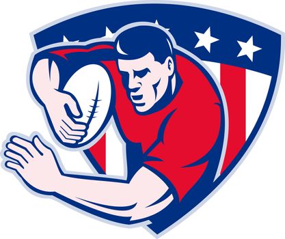 illustration of an American rugby player fending with stars and stripes shield isolated  on white