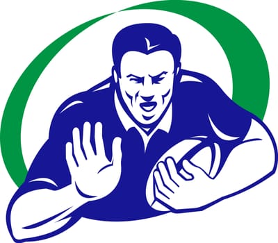 illustration of a rugby player with ball fending off isolated on white background done in retro style