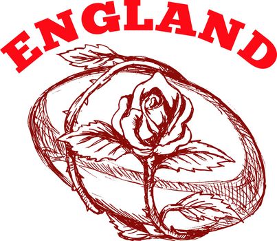 hand sketched drawing illustration of rugby ball with rose flower vine entwined on isolated background with words "England"