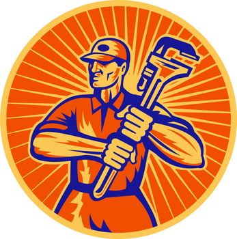 illustration of a plumber holding a monkey wrench set inside circle done in retro woodcut style