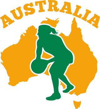 illustration of a netball player passing ball with map of Australia in background