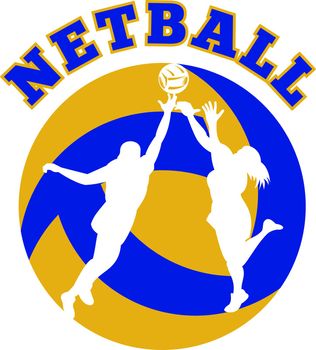 illustration of a netball player jumping and rebounding for ball set inside circle and words "netball"