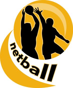 illustration of a netball player shooting ball with another player blocking shot set inside circle with words "netball"