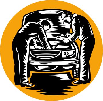 illustration of automobile car mechanic repairing vehicle done in retro woodcut style.