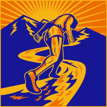 illustration of a marathon runner running on road with mountains in background done in retro woodcut style viewed from a low angle