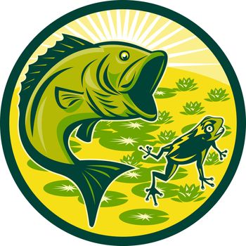 illustration of a largemouth bass jumping with frog and lily pads and sunburst in background set inside a circle done in retro woodcut 