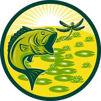 illustration of a largemouth bass jumping with dragonfly flying with lily pads and sunburst in background set inside a circle done in retro woodcut 