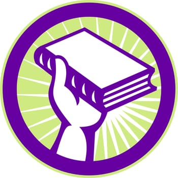 illustration of a hand holding a book set inside circle done in retro style