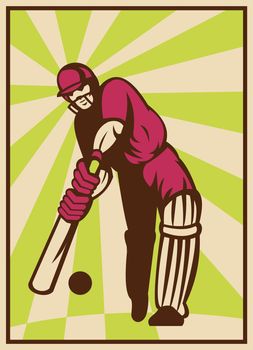 illustration of a cricket player batting ball done in retro style