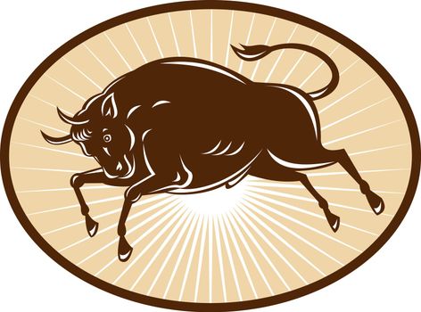 illustration of a Texas Longhorn Bull attacking viewed from side set inside an ellipse done in retro style.