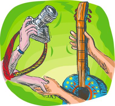 full color hand sketched drawing vector illustration showing two hands swapping DSLR camera or photography shoot with guitar or guitar lessons