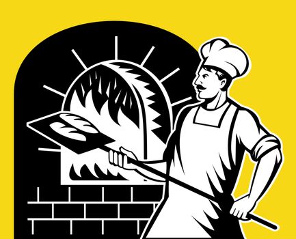 retro style illustration of a baker holding baking pan into wood oven
