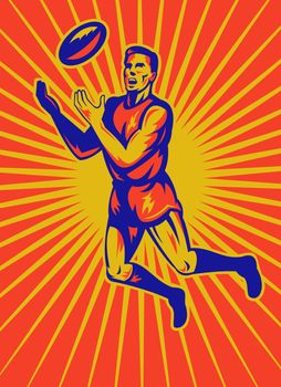 illustration of an aussie rules player jumping catching ball done in retro woodcut style.