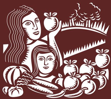 illustration of a woman mother holding an apple with child daughter looking at fruit and vegetables done in retro woodcut style 