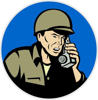 illustration of a world war two soldier talking on radio walkie talkie phone  done in retro style set inside circle