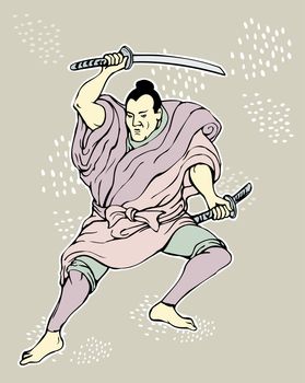  illustration of a Samurai warrior with katana sword in fighting stance done in cartoon style