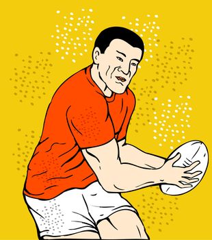 illustration of a rugby player running passing the ball done in sketch style