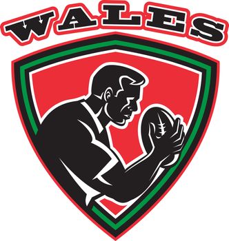 illustration of a rugby player with ball set inside shield done in retro style with words Wales