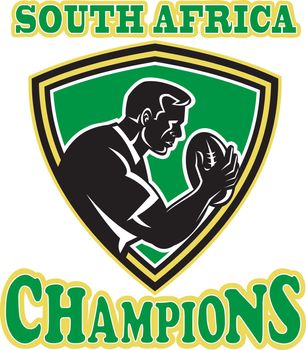 illustration of a rugby player with ball set inside shield done in retro style with words South Africa Champions