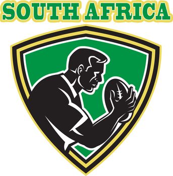 illustration of a rugby player with ball set inside shield done in retro style with words South Africa