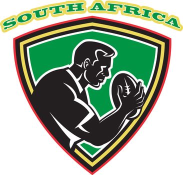 illustration of a rugby player with ball set inside shield done in retro style with words South Africa