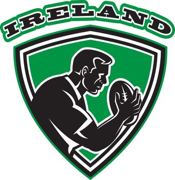 illustration of a rugby player with ball set inside shield done in retro style with words Ireland