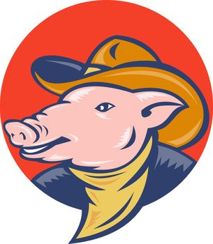 illustration of a pig with cowboy hat and bandana set inside a circle done in retro style.