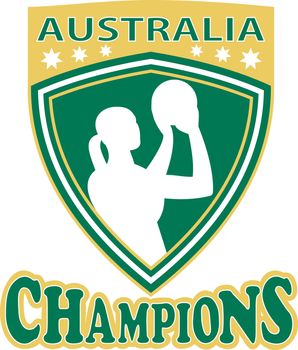 illustration of a netball player with ball set inside shield with word Australia Champions 