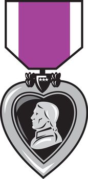 illustration of a military medal of bravery, honor and valor purple heart  showing a figure head king facing side