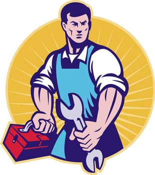 illustration of a mechanic with toolbox and wrench spanner done in retro style set inside a circle with sunburst