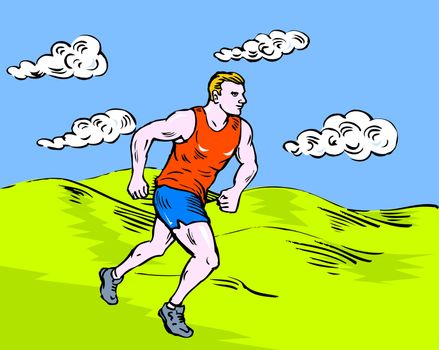 sketch style illustration of a jogger or marathon runner running race with hills and mountains in background