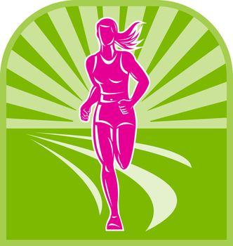 illustration of a female marathon runner front view with sunburst in background done in retro style