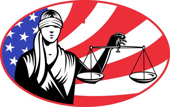 illustration of a lady with blindfolds holding scales of justice with american stars and stripes flag in background set inside ellipse.