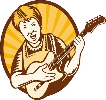 illustration of a grandmother old woman playing the electric guitar set inside oval on isolated white background done in retro style