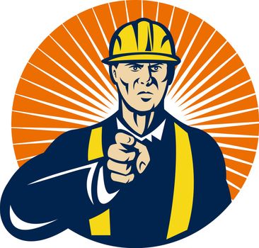 illustration of a construction worker pointing at you done in retro style set inside circle