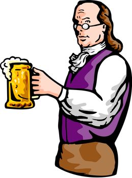 illustration of a Benjamin Franklin or noble aristocratic gentleman holding mug of beer