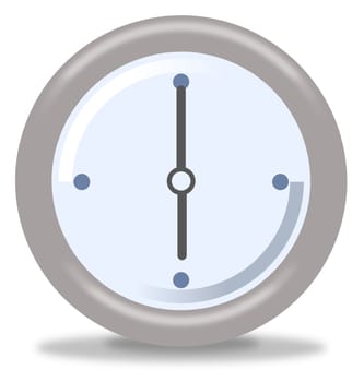 Silver and blue clock on white background showing six
