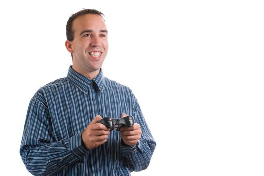 A young man using a remote control to play video games, isolated against a white background