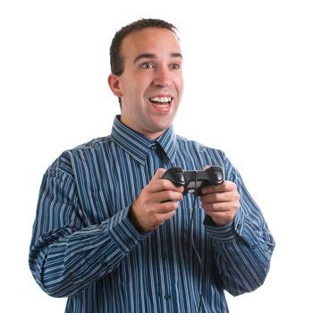 An adult video game player is having fun, isolated against a white background