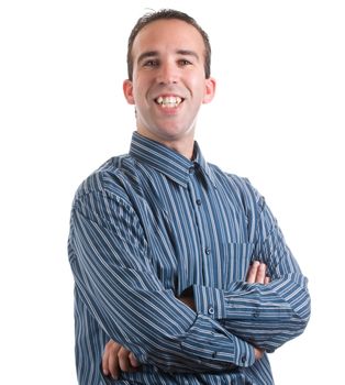 A happy man is smiling and looking at the camera, isolated against a white background