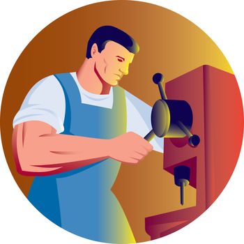 illustration of a trade factory worker working with drill press viewed from side done in retro style.