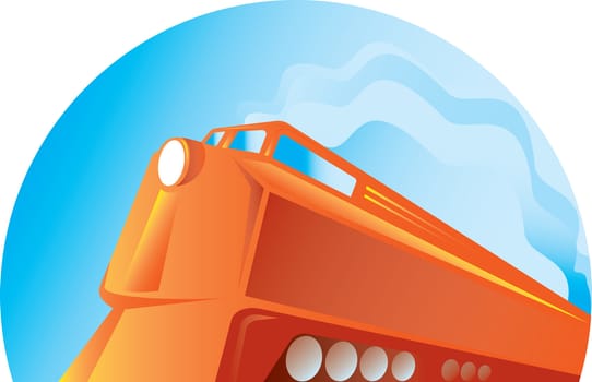 illustration of a diesel train viewed from low angle done in retro style on isolated background