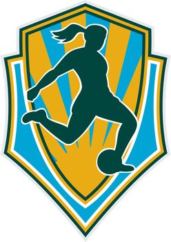 illustration of a woman girl playing soccer kicking the ball set inside shield