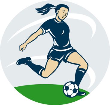 illustration of a woman girl playing soccer kicking the ball cartoon style