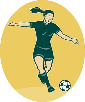 illustration of a woman girl playing soccer kicking the ball cartoon style