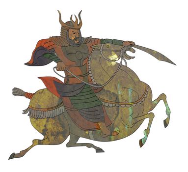  illustration of a Samurai warrior with sword riding a horse viewed from side  on isolated background