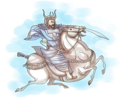  illustration of a Samurai warrior with sword riding a horse viewed from side done in cartoon style on isolated background