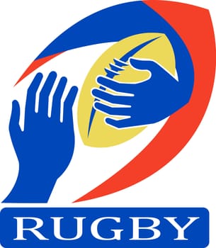 illustration of a rugby ball with hand holding fending off isolated on white
